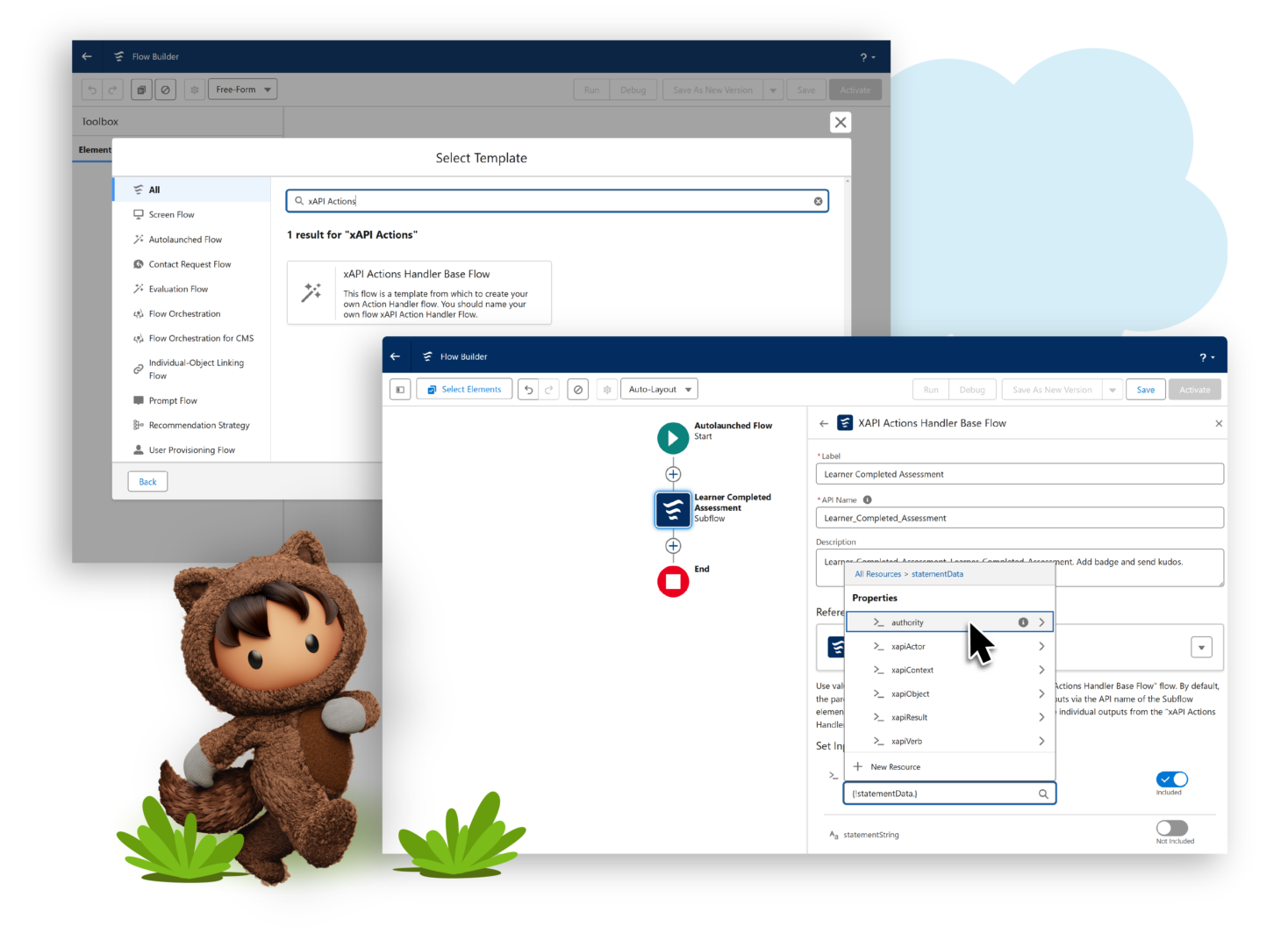 Screenshot of Actions for Learning interface showing Salesforce Apex class creating a badge and sending feedback