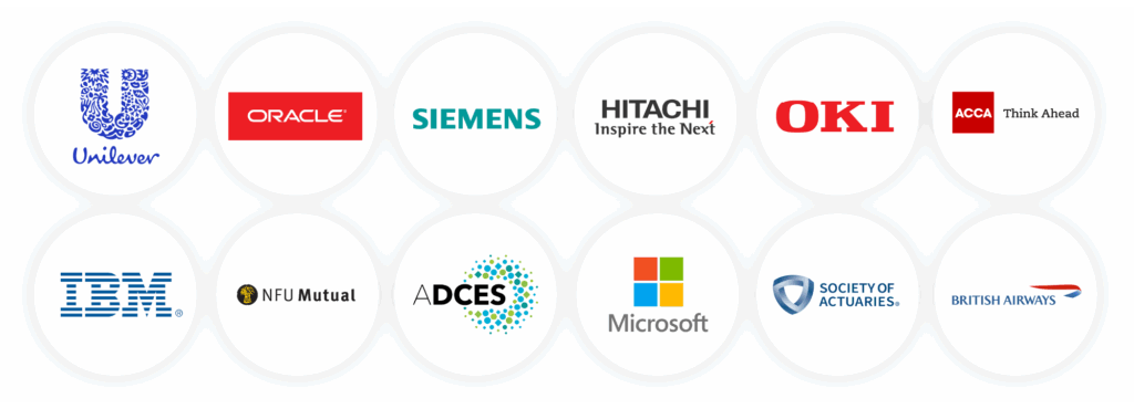 Customer logos including Siemens, Unilever, Microsoft, IBM, Hitachi