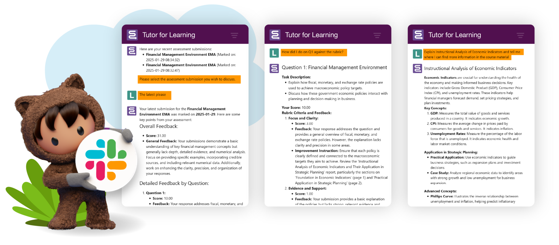 Learner conversation with Tutor agent showing grading results