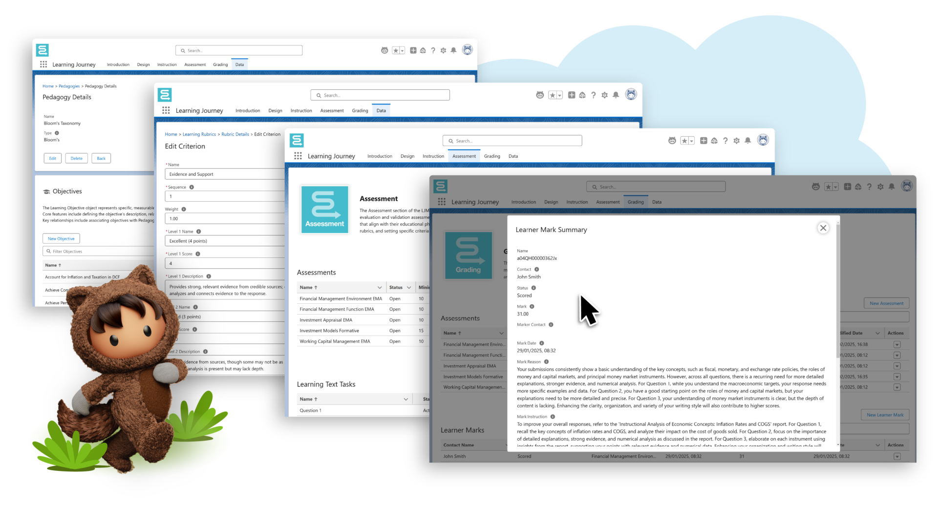 Screenshot of the Gloebbyte AI Learning Journey Model interface showing configuration screens for pedagogy, rubrics, assessments, and AI-generated outcomes.