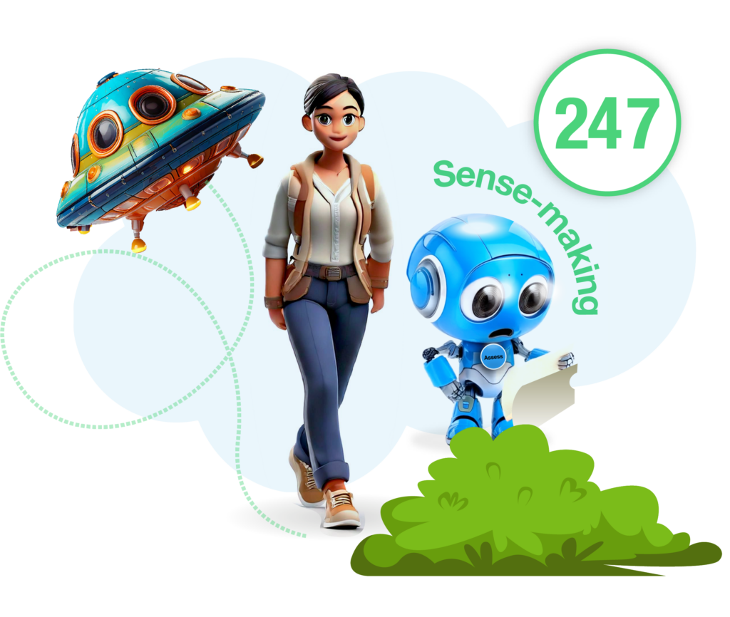 Assess for Learning agent next to a 24/7 badge, representing continuous, personalized AI assistance and focused learner feedback.