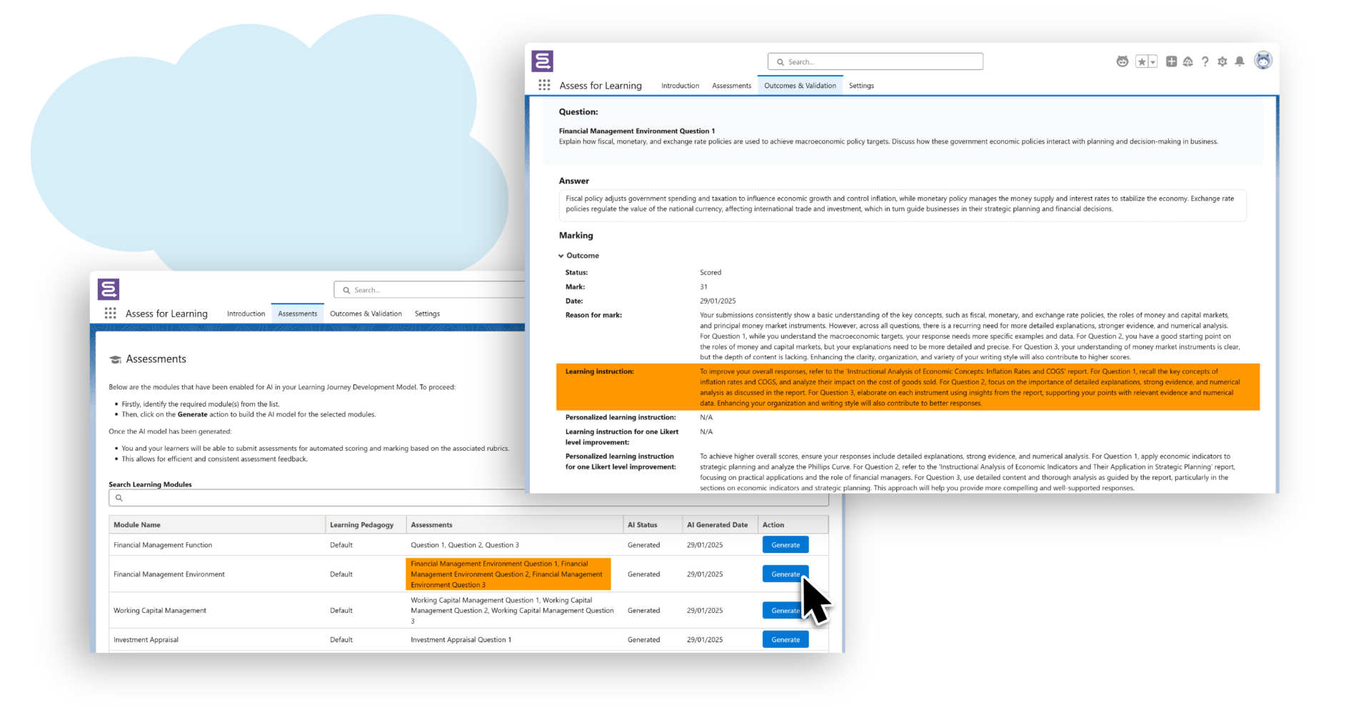 Screenshot of the Assess for Learning platform showing AI-generated text feedback and marks, illustrating personalized assessment outcomes.