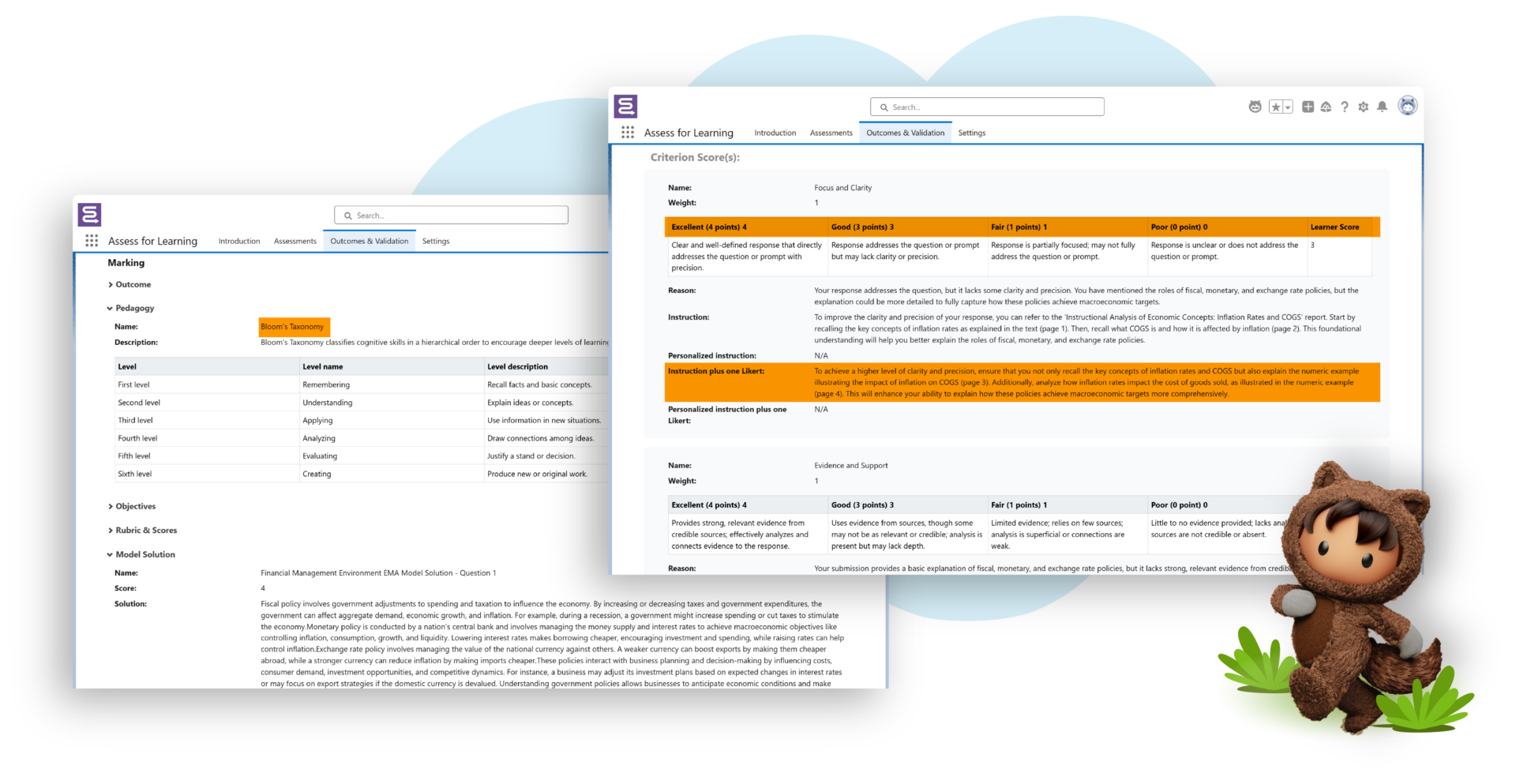 Screenshot of Assess for Learning platform displaying pedagogy configuration and AI guidance on improving learner marks