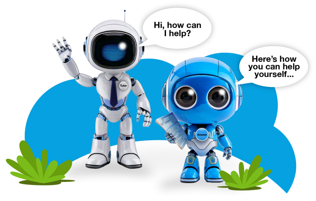 Image showing the Globebyte AI Tutor  for Learning Agent Bot asking how he can help and the Globebyte Assess for Learning Agent Bot offering advice.