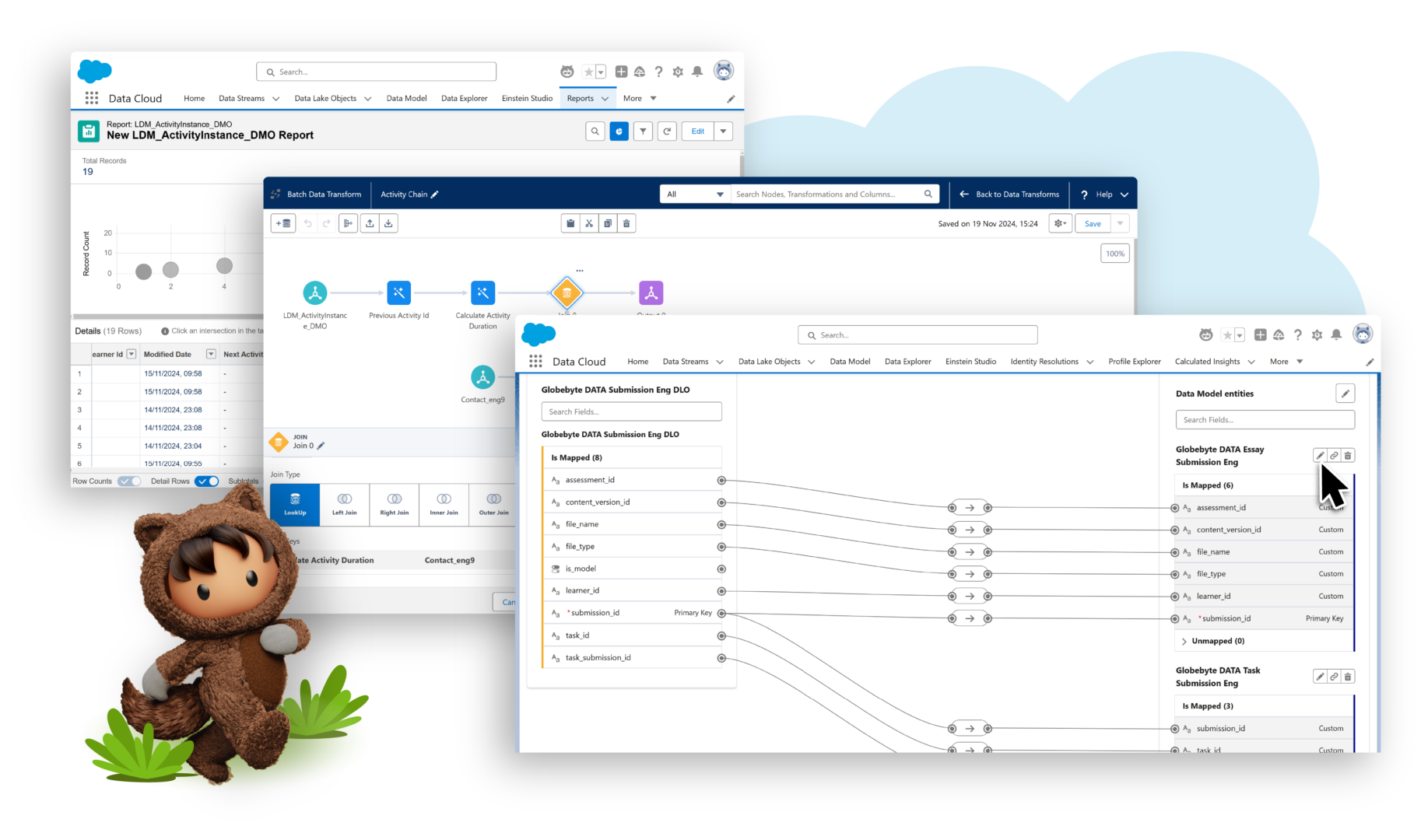 Screenshot of the Data for Learning interface displaying data mapping, rule flows, and detailed reporting.