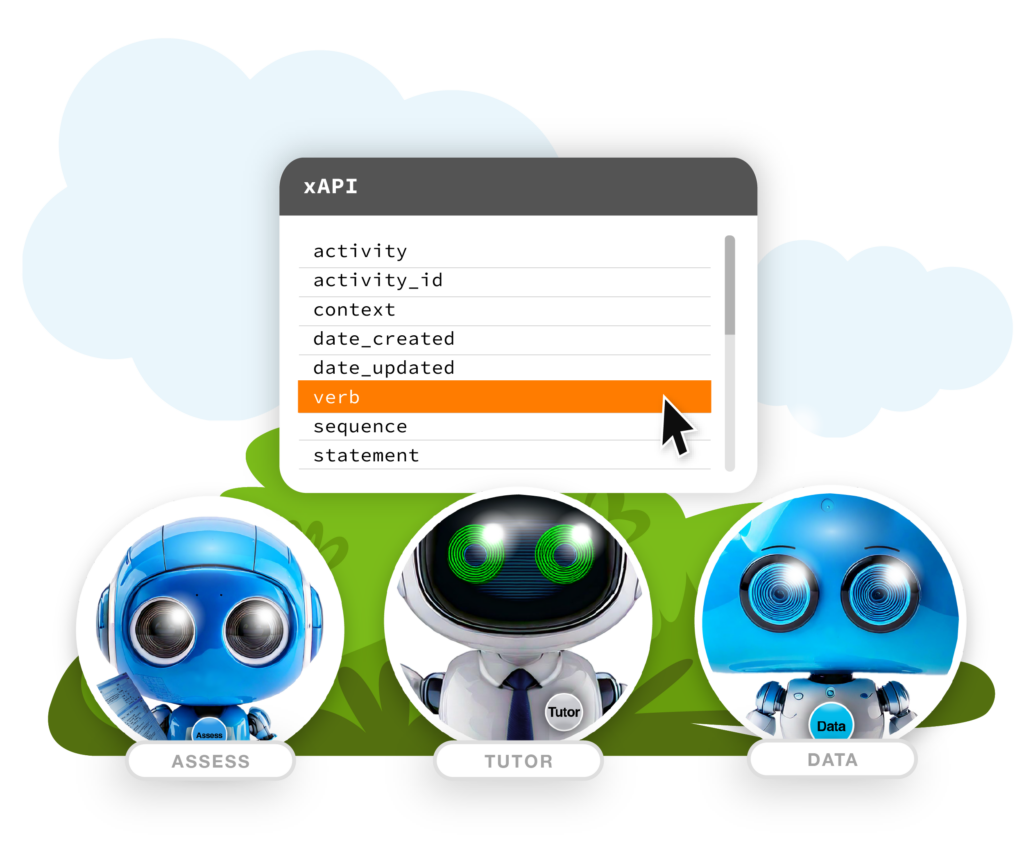 Multiple Globebyte AI agents depicted with xAPI properties, demonstrating unified reporting, real-time insights, and enhanced decision-making across learning systems.