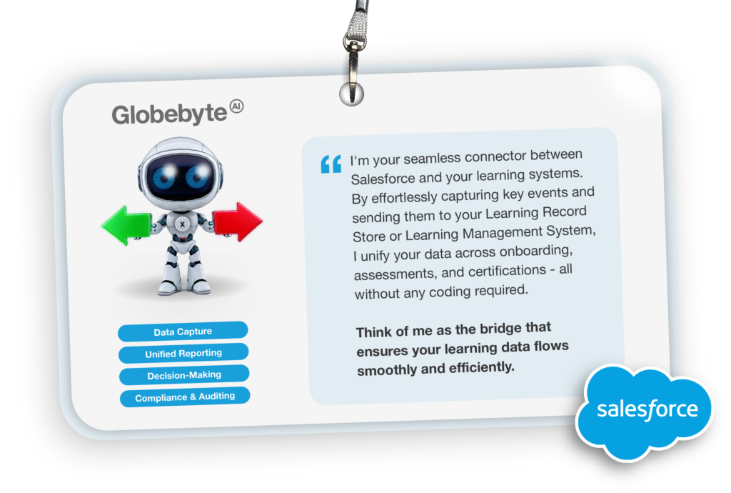 Globebyte AI Experience for Learning agent bot in a lanyard, introducing seamless, no-code integration between Salesforce and learning systems.