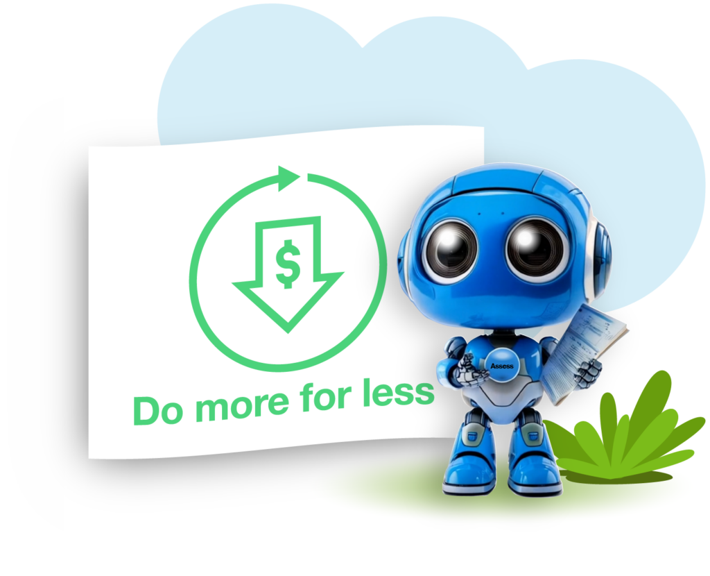 Digital marking Globebyte AI Assess for Learning agent bot with a downward arrow indicating cost savings and streamlined assessment processes.