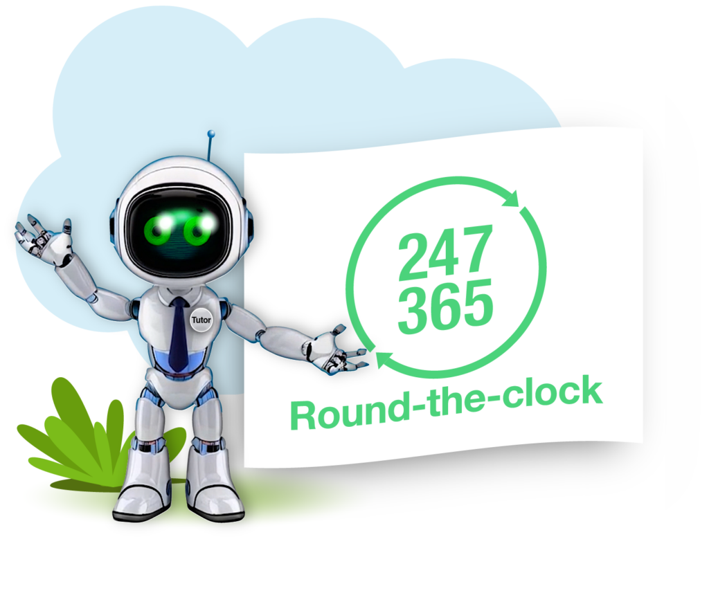 Globebyte AI Tutor for learning agent bot with a 24x7 clock icon symbolizing continuous, always-on learning support.