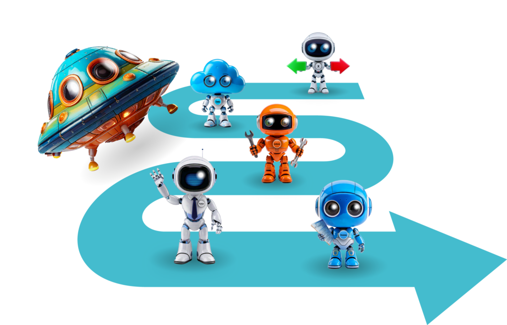 Hero image showing Gloebbyte AI agents standing on a roadmap, representing the Learning Journey Model platform for building, structuring, and empowering every learning experience.