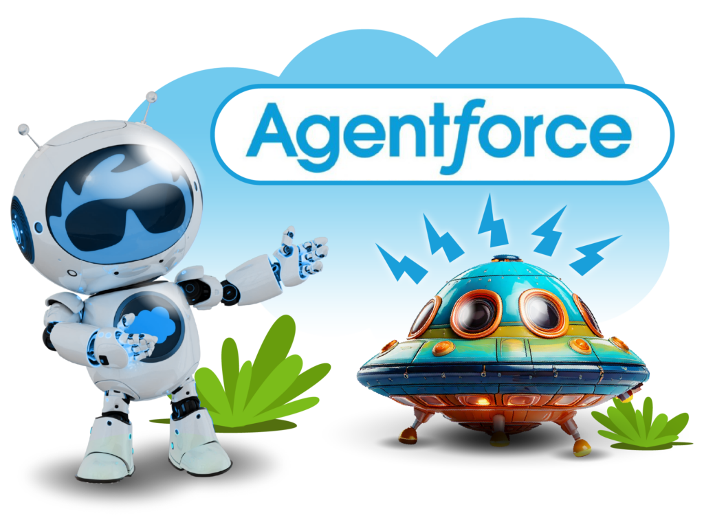 Agentforce bot chatting with the Globebyte spaceship, symbolizing quick innovation and ROI.