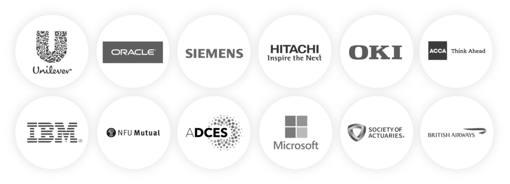 A row of customer logos, including SOA, Unilever, Siemens, ACCA, IBM, Microsoft, and others.