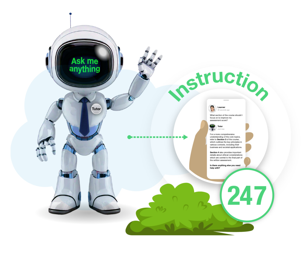 Globebyte AI Tutor for Learning agent displayed alongside a mobile chat screen, demonstrating personalized learning journeys and adaptive instruction.