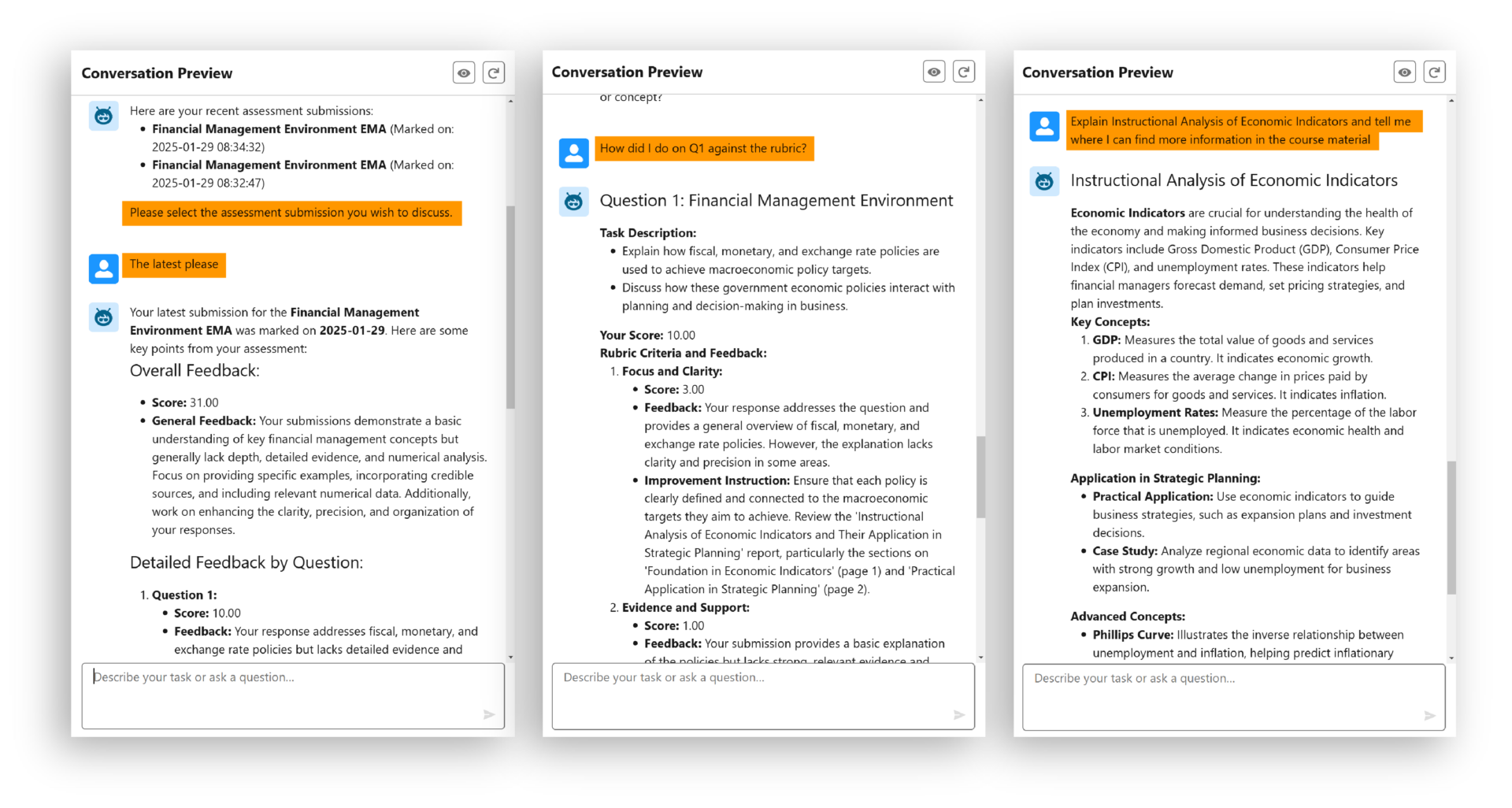 Screenshot of a learner conversation with the Tutor for Learning agent, displaying grading results and personalized improvement guidance.